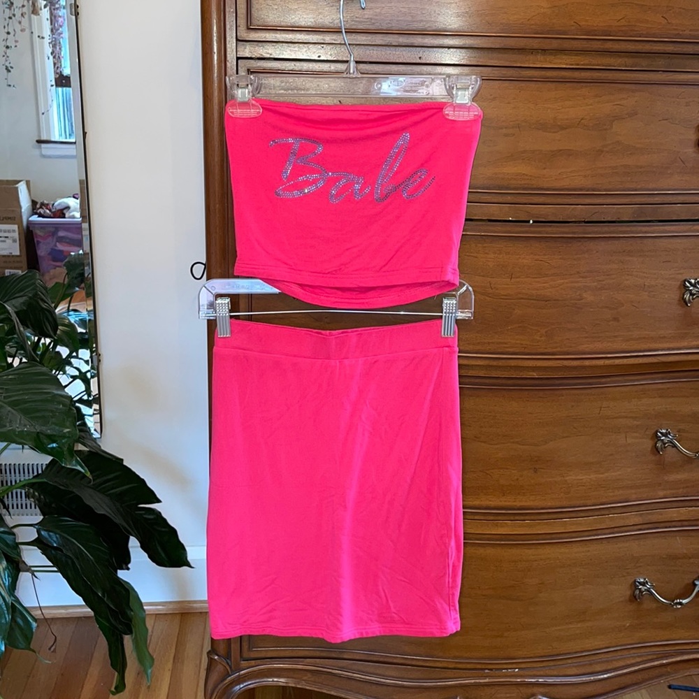 Pink “Babe” mini skirt set